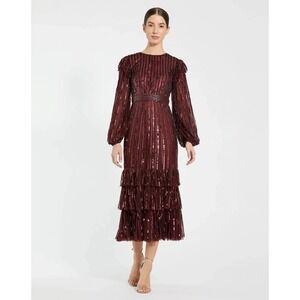Mac Duggal 23003 size 4‎ red sequin long sleeve ruffle detail midi dress
